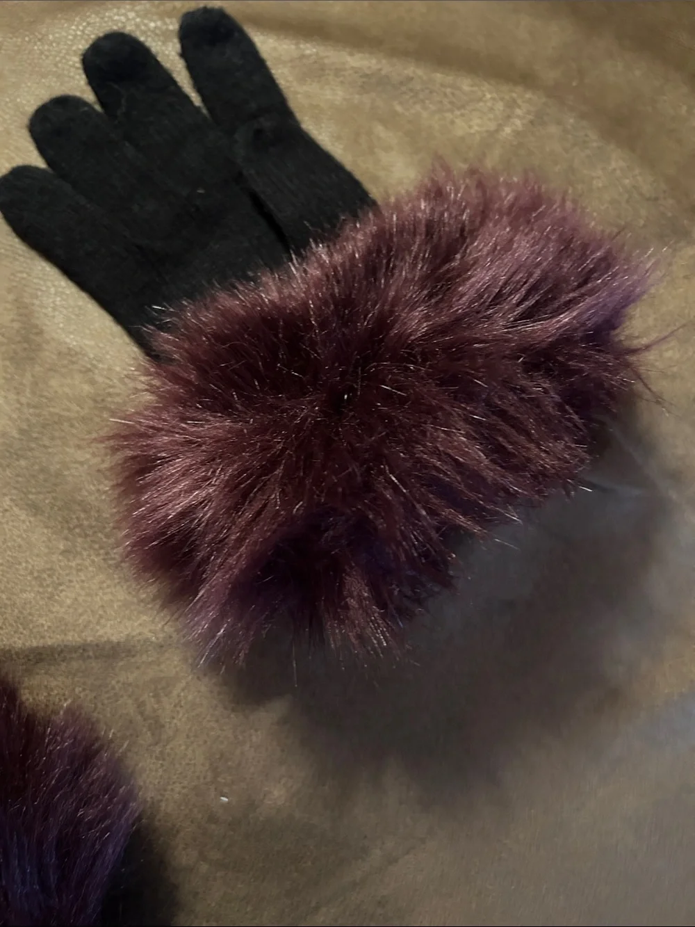 Ann Taylor Black Gloves with Burgundy Faux-Fur Cuffs